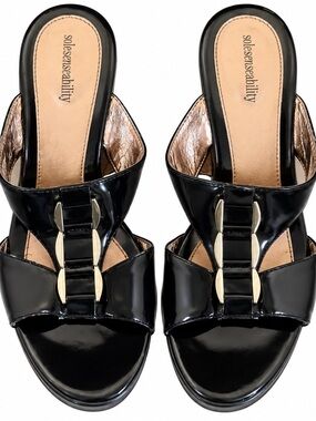 Solesenseability Black Patent Open Toe Mule Heels Gold Accent